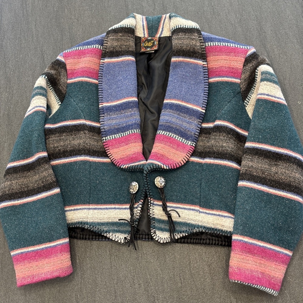 Circle T Southwestern Wool Jacket Blue Pink Green Button Women's M